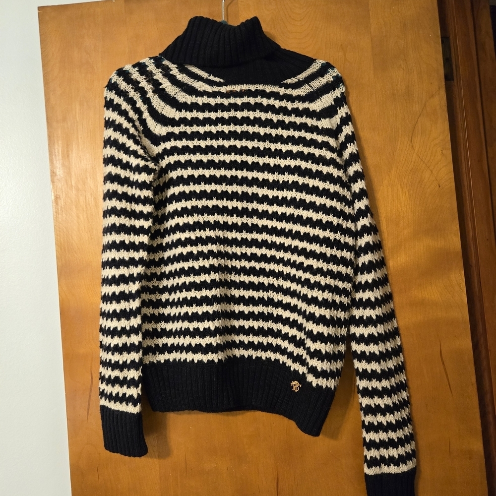 Tory Burch Carey Turtleneck Sweater Navy White Stripe Mohair Blend XL